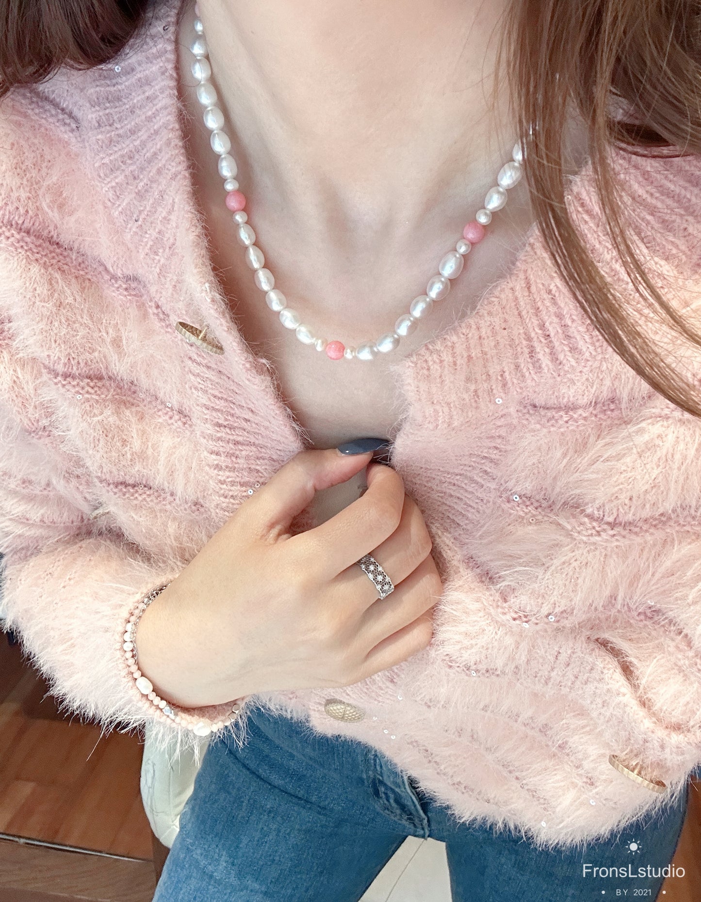 Pink crystal pearl set